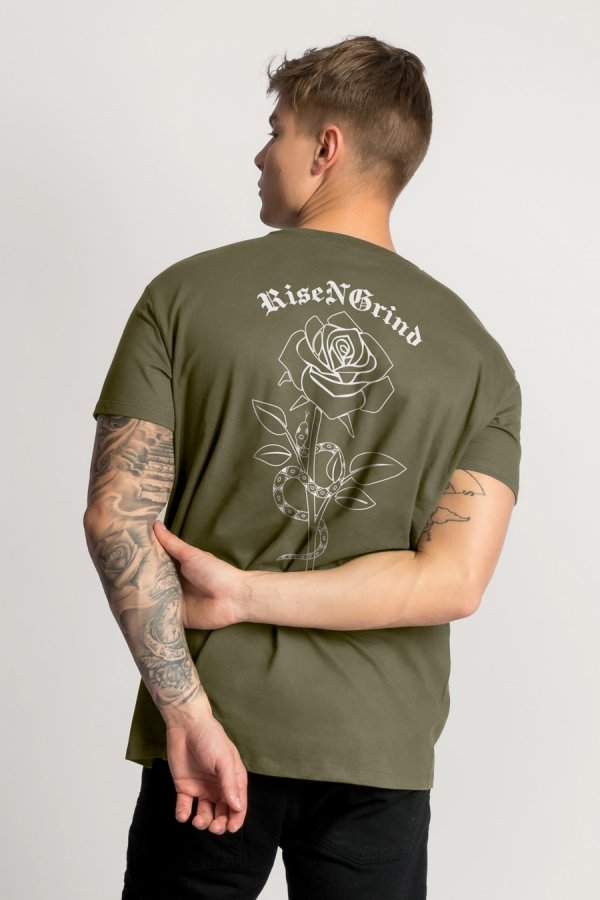 T-shirt i farven Khaki med Rise N Grind Print – Hedrix